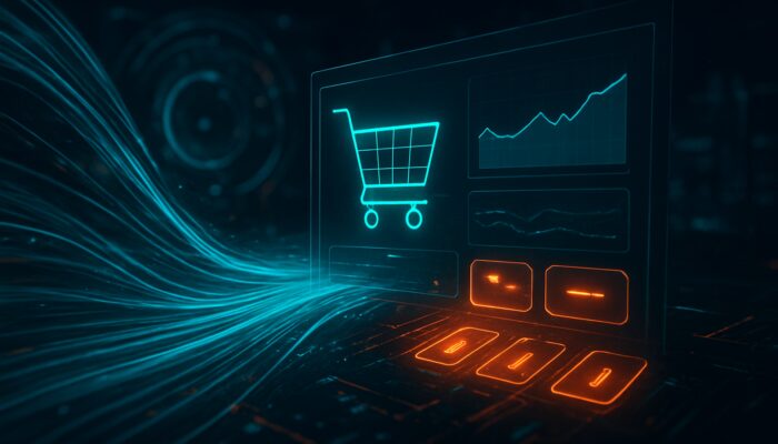 Futuristic cyberpunk AI dashboard with holographic graphs dynamically adjusting retail prices amid surging demand.