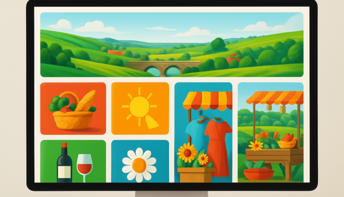 Vibrant illustration of a sleek Trowbridge shop website featuring local products against a Wiltshire countryside backdrop.