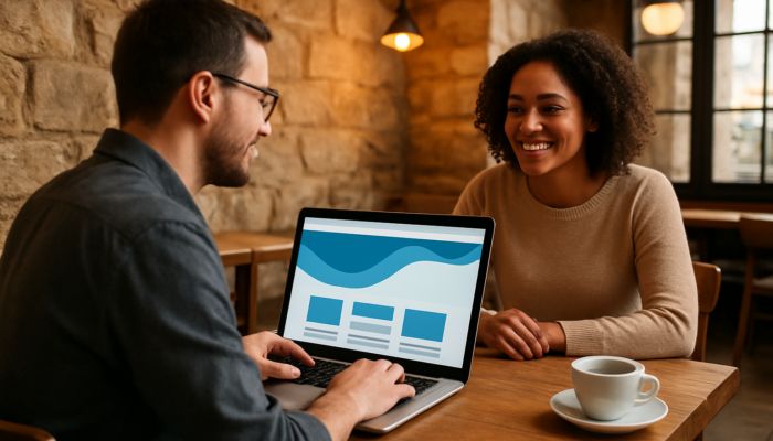 Web developer demonstrating a custom website on a laptop to a small business owner in a Trowbridge café.