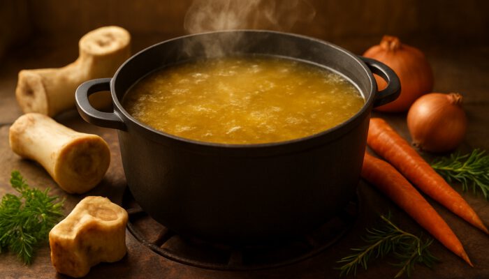 Steaming golden collagen-rich bone broth simmering with fresh bones, carrots, onions and herbs on rustic stove.