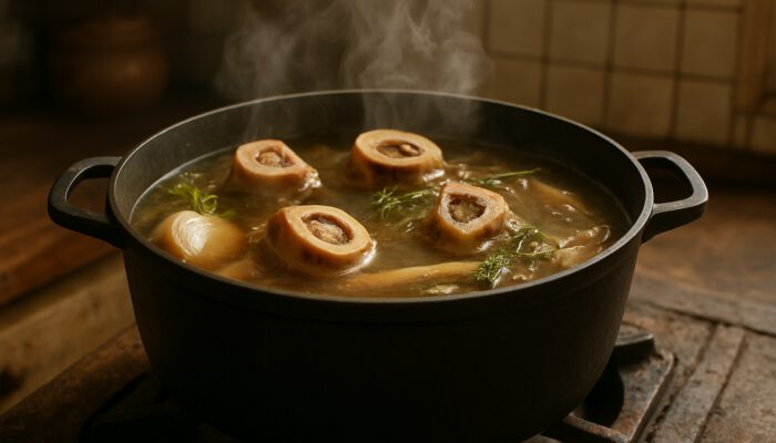 Steaming pot of bone stock simmering gently on rustic stove with rising steam and bones.