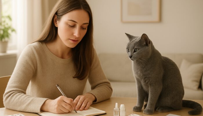 Woman documenting allergy symptoms with Russian Blue cat amid test kits in sunlit clinic