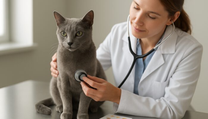 Veterinarian examining Russian Blue cat with stethoscope and allergy test charts in clinic