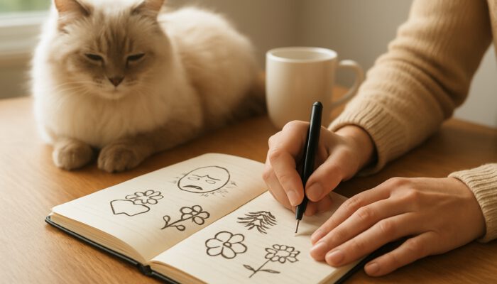 Person writing in allergy symptom diary at desk with fluffy cat nearby