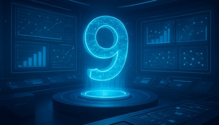 Futuristic control center with glowing system quality number hologram, evaluation dashboards, and performance charts in sleek blue tones.