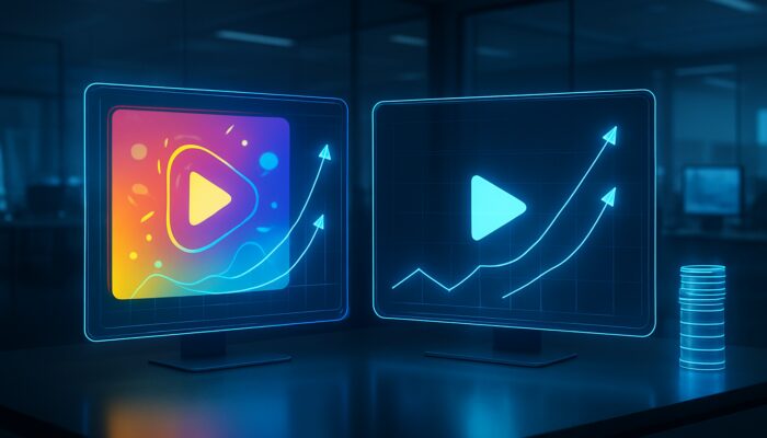 Holographic split-screen comparing dynamic vs minimalist video ads with performance graphs for A/B testing optimization