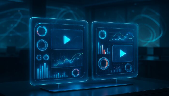 Futuristic split-screen holographic dashboard comparing two video ad variants with vibrant analytics graphs and metrics.