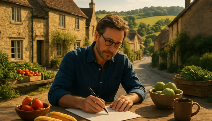 Copywriter crafting ads at rustic desk amid Midsomer Norton stone cottages and rolling hills