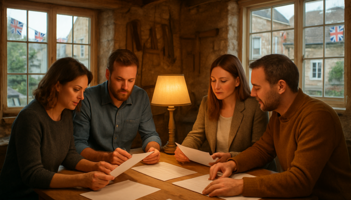 Business owners collaborating at cozy Midsomer Norton workshop reviewing documents under warm lamplight.