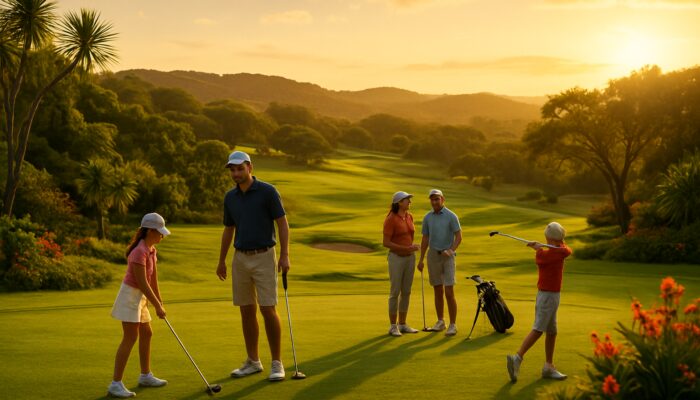 Families golfing and socialising at Umhlali Country Club amid lush hills and golden sunset in South Africa
