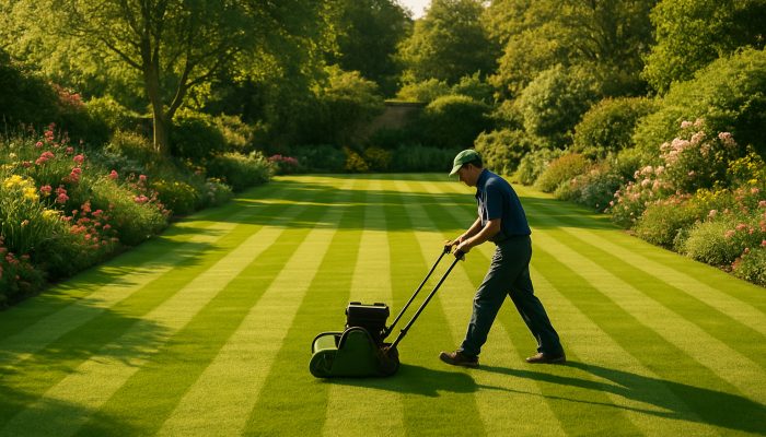 Gardener meticulously mowing a perfectly striped lush lawn in a serene Yeovil garden with blooming flowers.