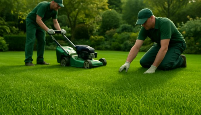 Professional gardeners nurturing a lush emerald lawn in Yeovil under gentle UK sunlight