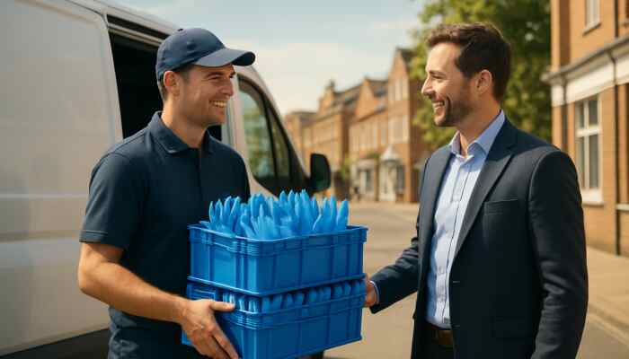 Local Aylesbury supplier hands blue nitrile gloves crates to business owner by delivery van