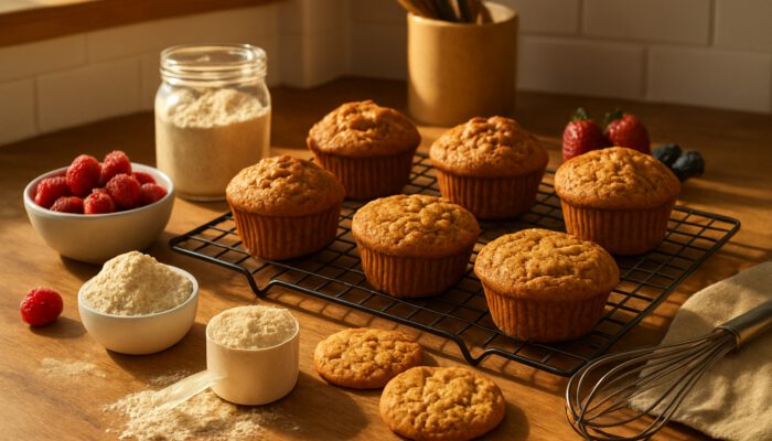 Golden protein muffins and cookies cooling on rack with vanilla powder and berries in sunny kitchen.