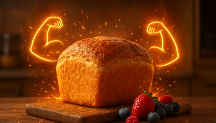 Golden protein bread loaf with muscle icons, berries, and energy sparks in kitchen