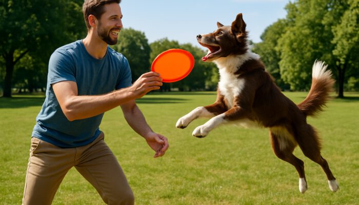 Joyful owner demonstrates secure frisbee grip to eager dog mid-leap in sunny park.