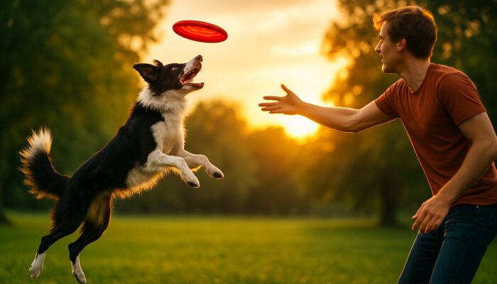 Border collie leaps mid-air to catch red frisbee in sunset park during dog training.