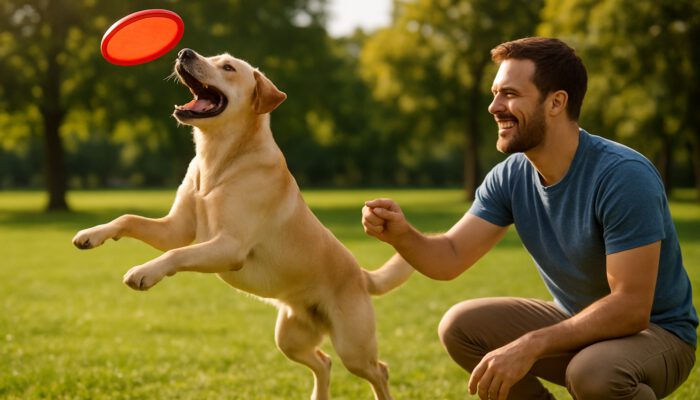 Joyful Labrador leaps for red frisbee in sunny park as owner offers treat during training
