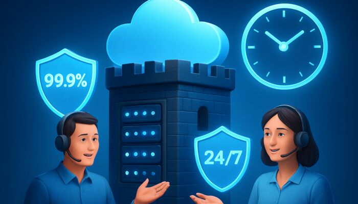 Secure cloud server fortress with 99.9% uptime shields and 24/7 migration support avatars