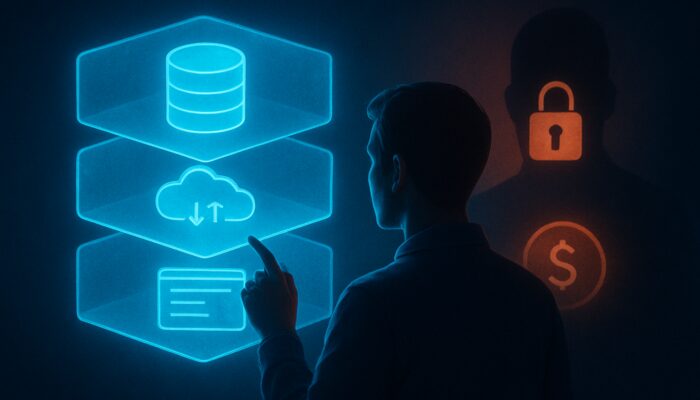 Person reviewing holographic web hosting tiers with glowing icons and hidden SSL fees in shadows