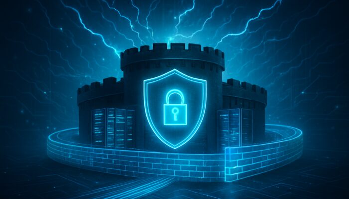 Digital fortress shielding glowing servers with firewalls, encryption, and backups in neon cyber realm