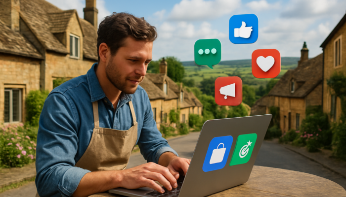 Small business owner in South Petherton using a laptop for targeted digital ads alongside social media icons