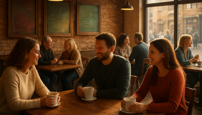 Busy café in South Petherton with happy locals enjoying steaming coffees following targeted social media ads