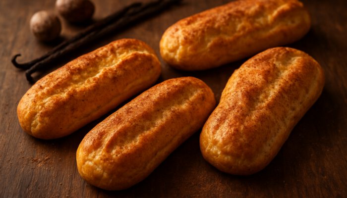 Golden choux eclairs with vanilla, nutmeg, and cinnamon dust on rustic wood.