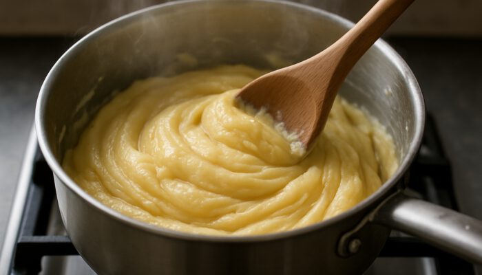 Close-up of glossy choux pastry dough stirred in saucepan with wooden spoon, steam rising