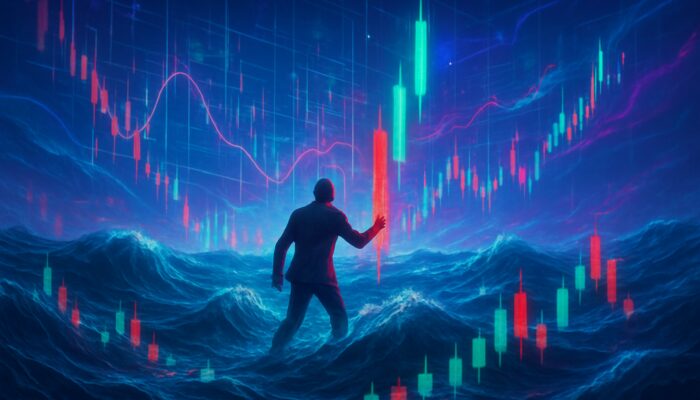 Surreal digital trader navigating volatile candlestick charts, liquidity waves, and neon trend lines