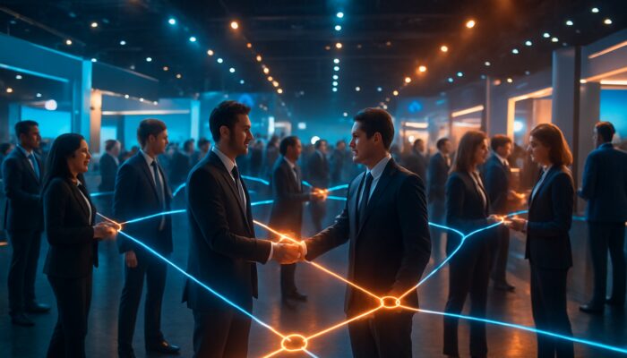 Professionals networking at trade show to exchange glowing digital backlinks and form deals.