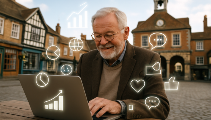 Devizes shopkeeper using laptop for internet marketing amid historic market square and digital icons