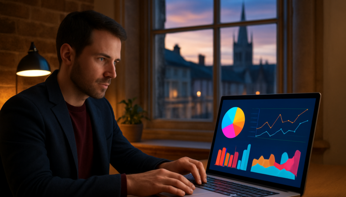 Entrepreneur analyzing colorful Google Analytics charts on laptop in cozy Devizes office at dusk