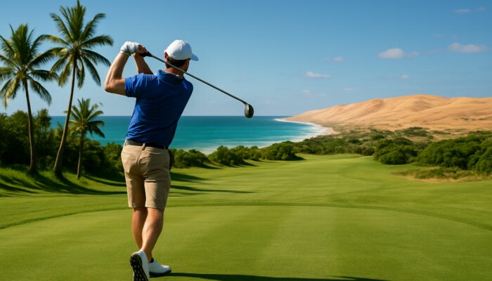 Novice golfer swings on lush Durban fairway contrasting arid Karoo dunes in South Africa