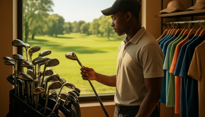 Beginner golfer browsing affordable clubs and apparel in sunny South African sports shop with fairway views.