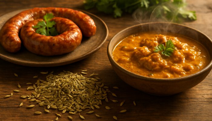 Fennel seeds beside Italian sausage and Indian curry on rustic table for fennel seed recipes