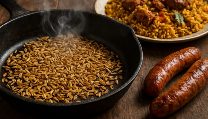 Toasting golden fennel seeds in pan beside Italian sausage and spiced biryani on wooden table