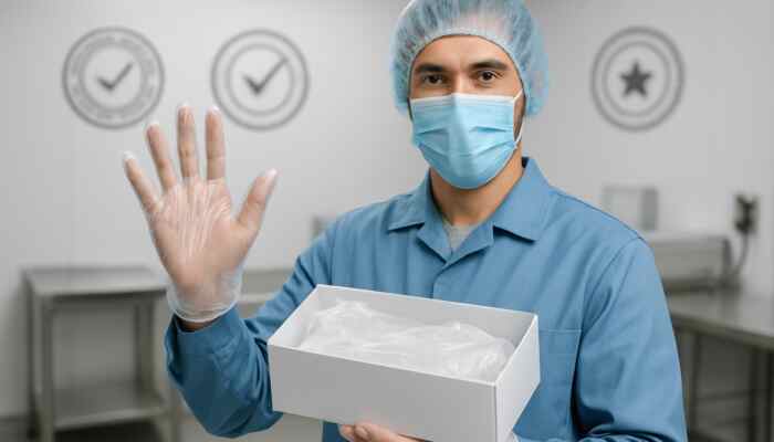 Harrow supplier displays certified polythene gloves with UK compliance seals in sterile hospital setting