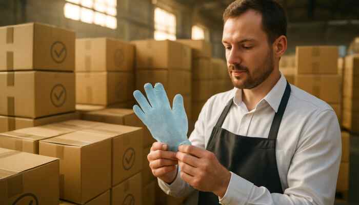 Catering manager inspecting certified bulk polythene gloves in sunlit warehouse with compliance boxes