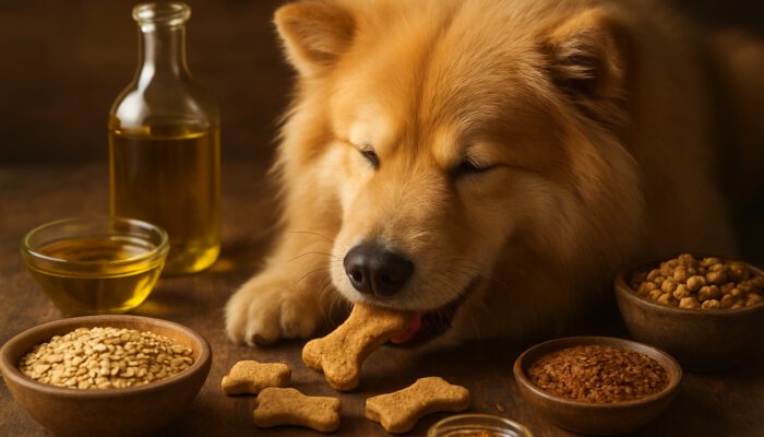 Fluffy dog with a shiny coat enjoying hypoallergenic treats drizzled in flaxseed and olive oil on rustic wood.