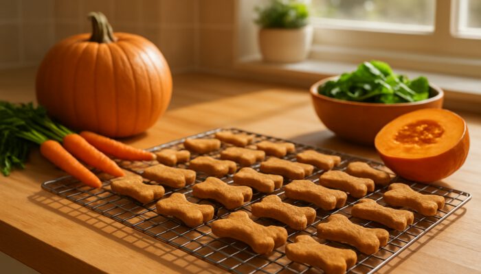 Freshly baked hypoallergenic pet treats cooling on a wire rack with carrots and pumpkin in a sunny kitchen.