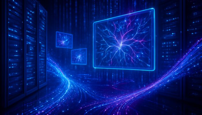 Cyberpunk neural networks and data streams targeting holographic ads in neon blues and purples.