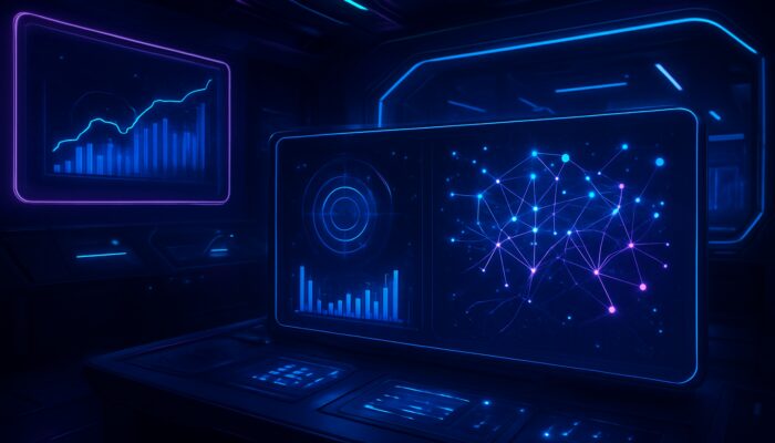 Futuristic cyberpunk dashboard with glowing holographic CTR and conversion graphs for AI ad optimization.