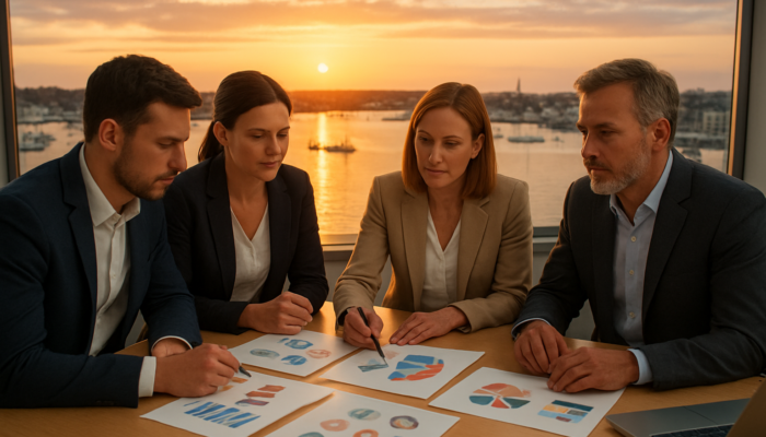Poole business team strategising website goals with audience personas and sales charts overlooking harbour at sunset