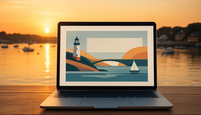 Modern laptop displaying sleek website design for small Poole business overlooking scenic Poole Harbour at golden hour.