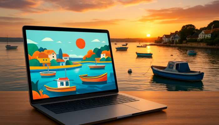 Laptop displaying vibrant small business website design in Poole with Poole Harbour sunset backdrop