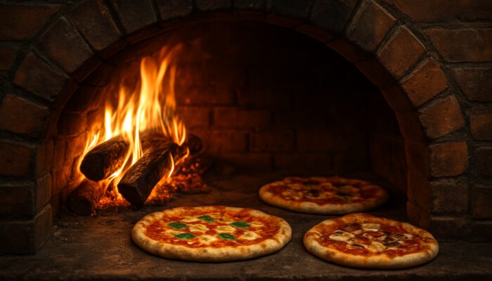 Rustic wood-fired oven glowing with oak hickory ironbark logs over artisan pizzas in cozy kitchen