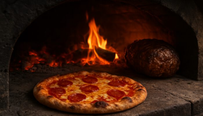 Rustic wood-fired oven with pizza on stone floor near flames and roast roasting farther back.