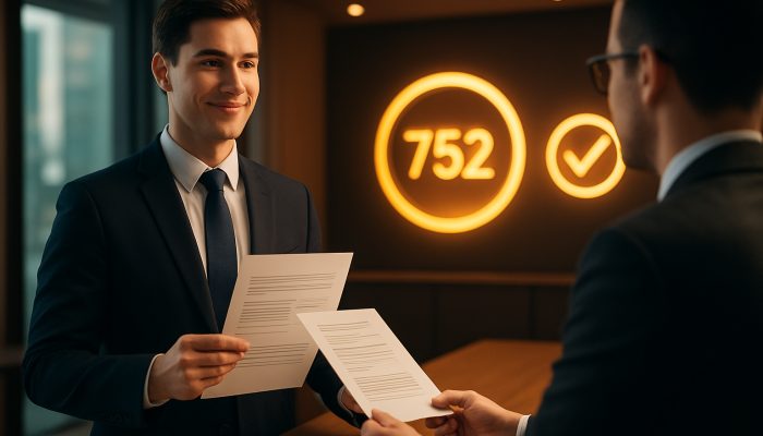 Young British professional presenting payslips and tax returns for UK credit approval in London bank.