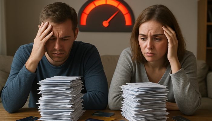 Stressed UK couple buried under maxed-out credit cards with 90% utilisation meter flashing
